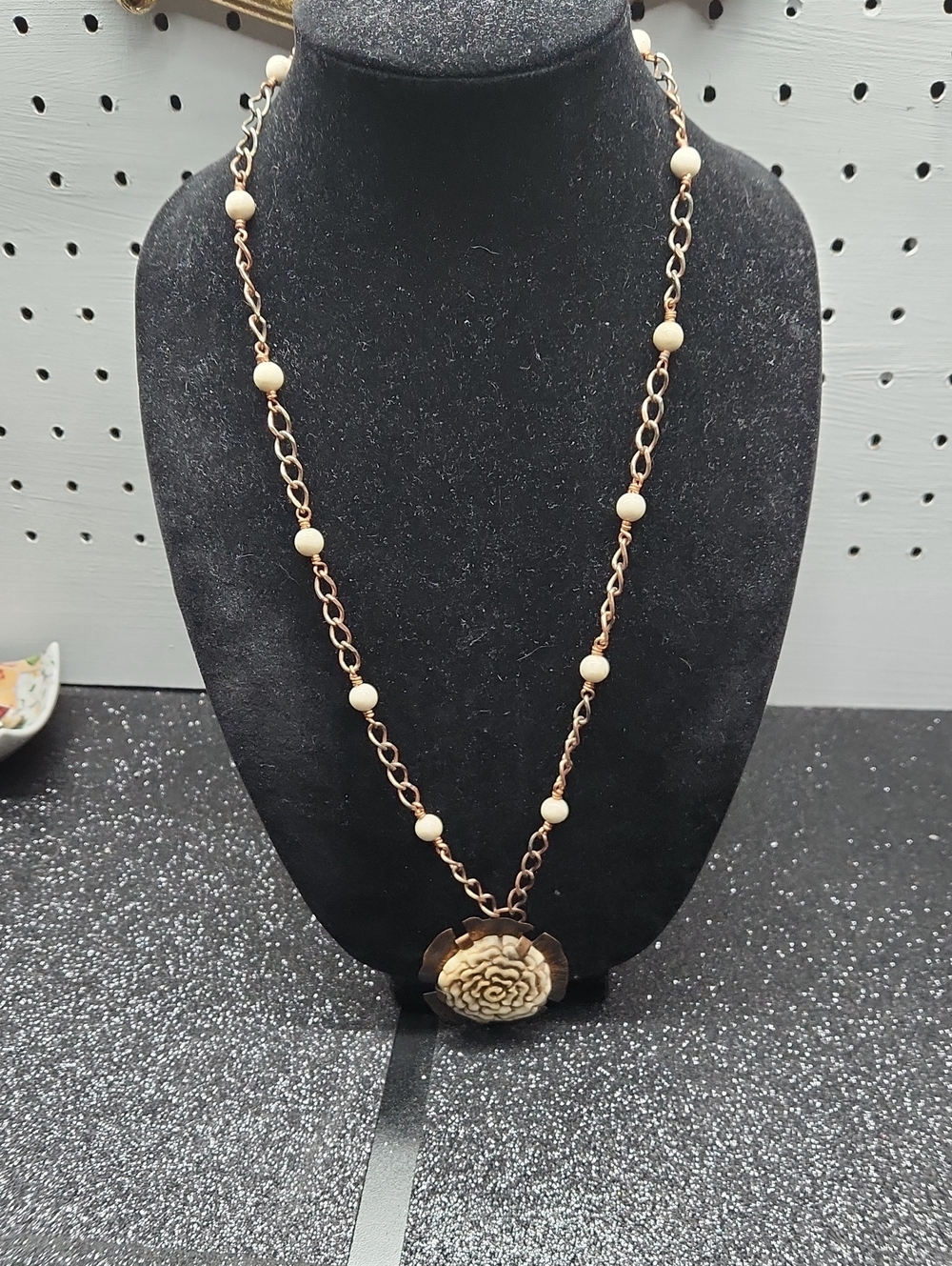 Cream Floral Pendant Necklace with Rose-Tone Chain